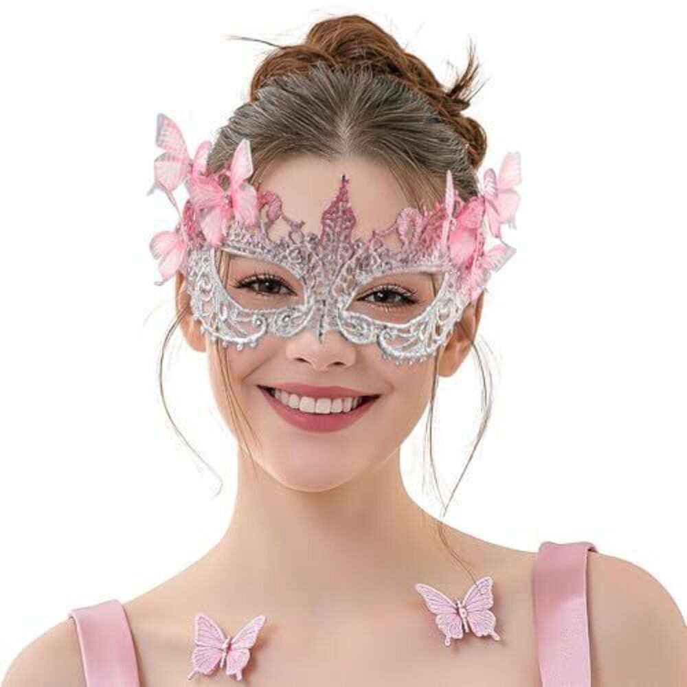 5351 Halloween Lace Pink Masquerade Masks - 1920s Butterfly Antique Mask